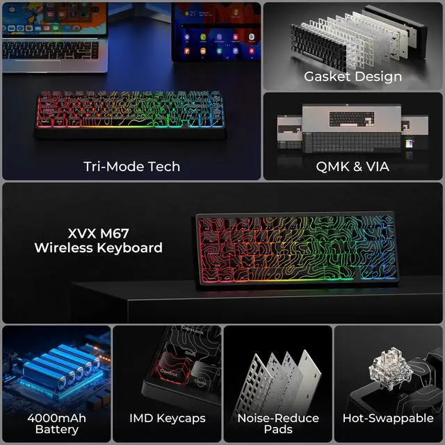 Alt view image 2 of 7 - XVX M67 60% Percent Keyboard Wireless, QMK/VIA Topographic Gaming Keyboard, Tri-Mode Thocky Creamy Mechanical Key Board, Hot Swappable Mount RGB IMD Tech for Win/Mac, Black