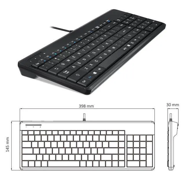 Alt view image 3 of 7 - PERIBOARD-220H US, Wired Compact USB Keyboard with 2 Hubs - Build-in Numeric Keypad - Black - US English Layout, (11506)