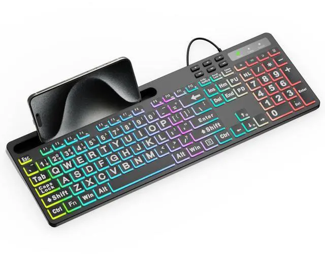 Main image of Large Print Backlit Keyboard, WK712 Wired Computer Keyboards with 7 Colors & 11 Modes Backlight, Tablet Phone Holder and Quiet Light Up Keys, Full-Size Gaming Keyboard for Windows, Mac