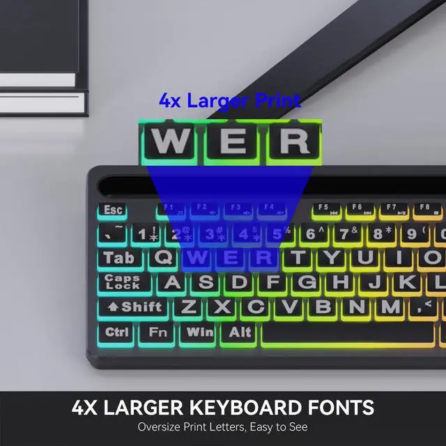 Alt view image 2 of 7 - Large Print Backlit Keyboard, WK712 Wired Computer Keyboards with 7 Colors & 11 Modes Backlight, Tablet Phone Holder and Quiet Light Up Keys, Full-Size Gaming Keyboard for Windows, Mac
