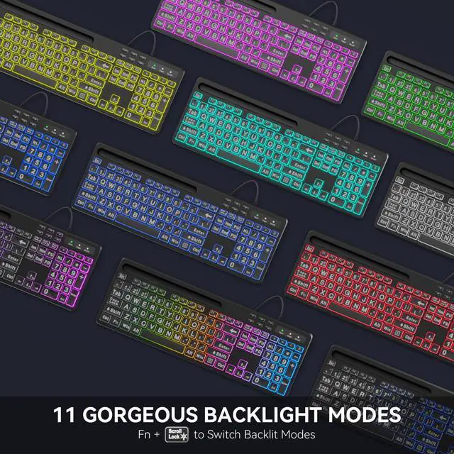 Alt view image 4 of 7 - Large Print Backlit Keyboard, WK712 Wired Computer Keyboards with 7 Colors & 11 Modes Backlight, Tablet Phone Holder and Quiet Light Up Keys, Full-Size Gaming Keyboard for Windows, Mac