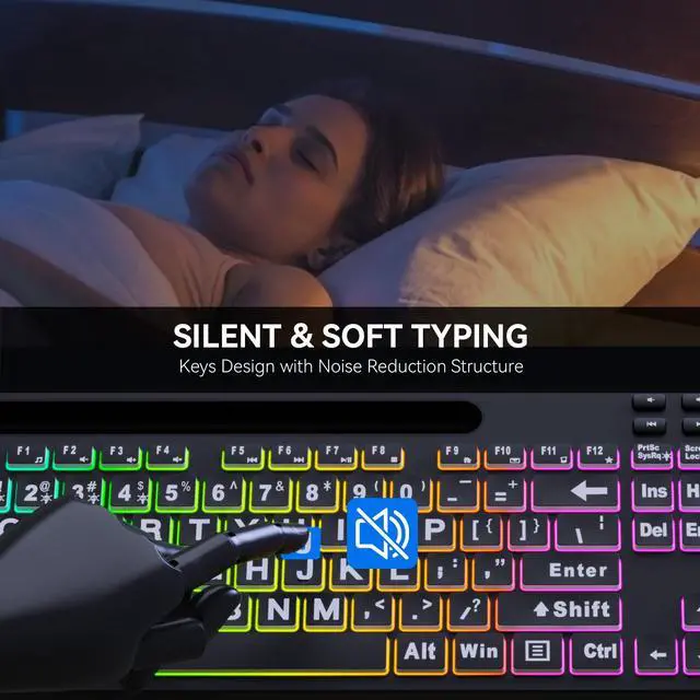 Alt view image 6 of 7 - Large Print Backlit Keyboard, WK712 Wired Computer Keyboards with 7 Colors & 11 Modes Backlight, Tablet Phone Holder and Quiet Light Up Keys, Full-Size Gaming Keyboard for Windows, Mac