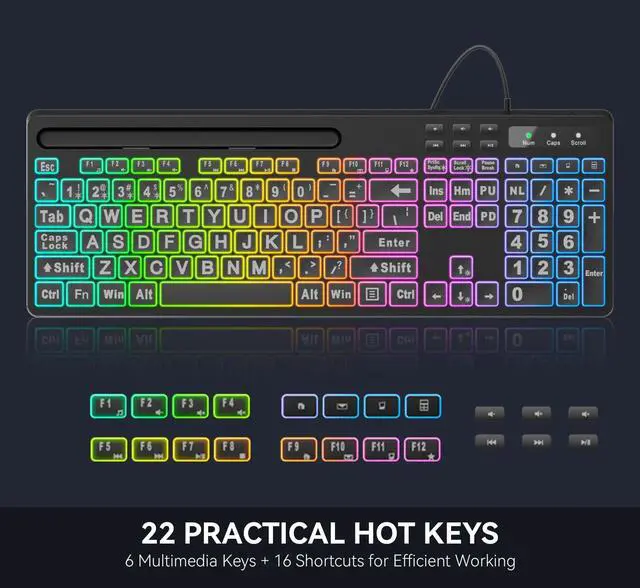 Alt view image 7 of 7 - Large Print Backlit Keyboard, WK712 Wired Computer Keyboards with 7 Colors & 11 Modes Backlight, Tablet Phone Holder and Quiet Light Up Keys, Full-Size Gaming Keyboard for Windows, Mac