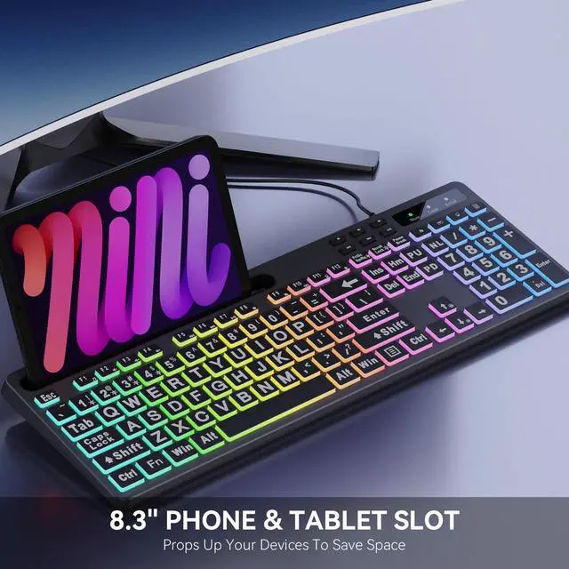 Alt view image 5 of 7 - Large Print Backlit Keyboard, WK712 Wired Computer Keyboards with 7 Colors & 11 Modes Backlight, Tablet Phone Holder and Quiet Light Up Keys, Full-Size Gaming Keyboard for Windows, Mac