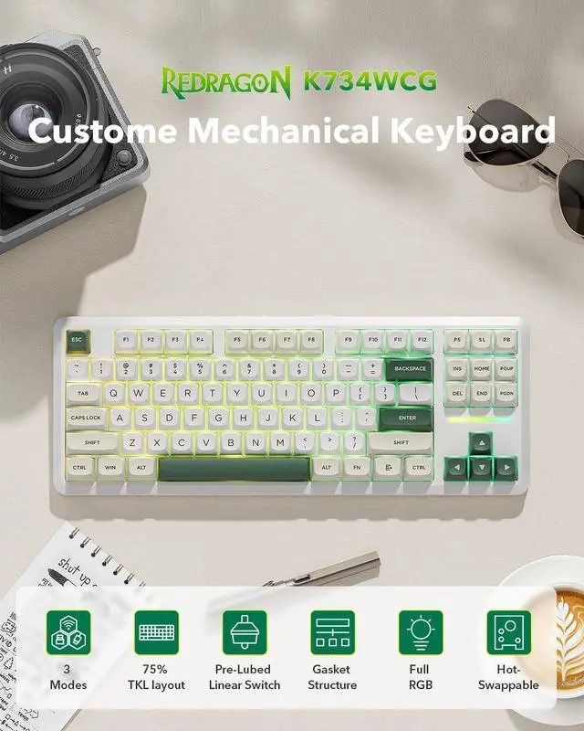 Alt view image 2 of 7 - K734W Wireless Mechanical Keyboard, Tri Mode BT5.0/2.4G/USB-C 75% 81 Keys TKL Custom Hot Swappable Gaming Keyboard, Pre-lubed Linear Switches,RGB Gasket Computer Creamy Keyboard, for PC/MAC