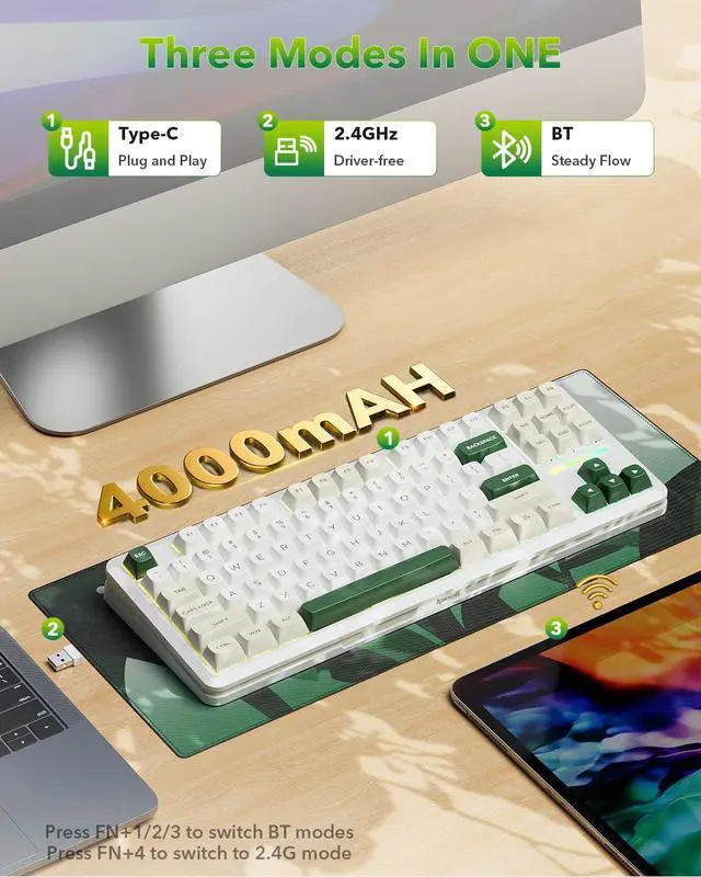 Alt view image 5 of 7 - K734W Wireless Mechanical Keyboard, Tri Mode BT5.0/2.4G/USB-C 75% 81 Keys TKL Custom Hot Swappable Gaming Keyboard, Pre-lubed Linear Switches,RGB Gasket Computer Creamy Keyboard, for PC/MAC