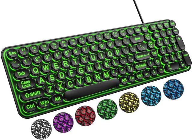 Main image of Large Print Backlit Keyboard, Wired USB Lighted Computer Keyboards with 7-Color Backlit, Oversized Print Letters, Quiet Typewriter Keyboard with Retro Round Keycaps for Windows PC, Laptop