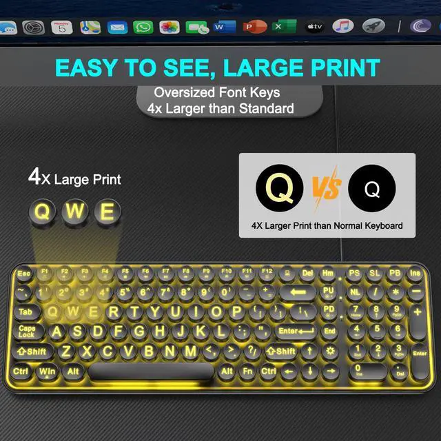 Alt view image 2 of 7 - Large Print Backlit Keyboard, Wired USB Lighted Computer Keyboards with 7-Color Backlit, Oversized Print Letters, Quiet Typewriter Keyboard with Retro Round Keycaps for Windows PC, Laptop