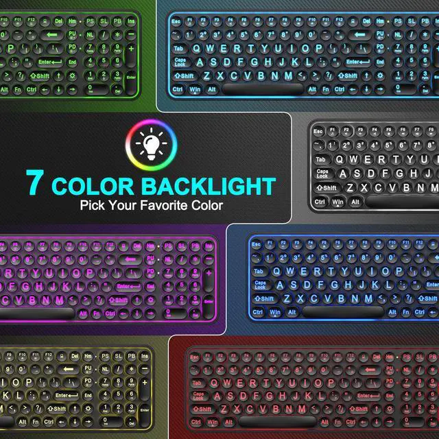 Alt view image 3 of 7 - Large Print Backlit Keyboard, Wired USB Lighted Computer Keyboards with 7-Color Backlit, Oversized Print Letters, Quiet Typewriter Keyboard with Retro Round Keycaps for Windows PC, Laptop