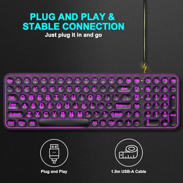 Alt view image 7 of 7 - Large Print Backlit Keyboard, Wired USB Lighted Computer Keyboards with 7-Color Backlit, Oversized Print Letters, Quiet Typewriter Keyboard with Retro Round Keycaps for Windows PC, Laptop