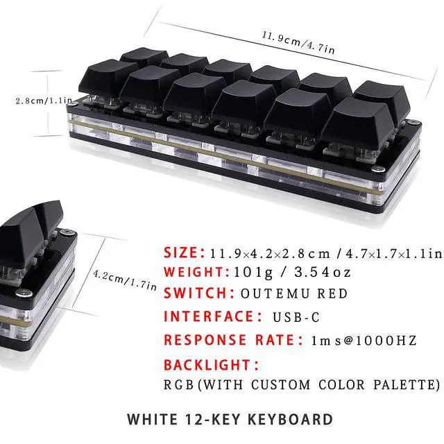 Alt view image 2 of 7 - 12 Key Mechanical Gaming Keyboard One Handed Keypad USB-C Wired OSU Keypad Programmable and Hot Swappable Keyboard.