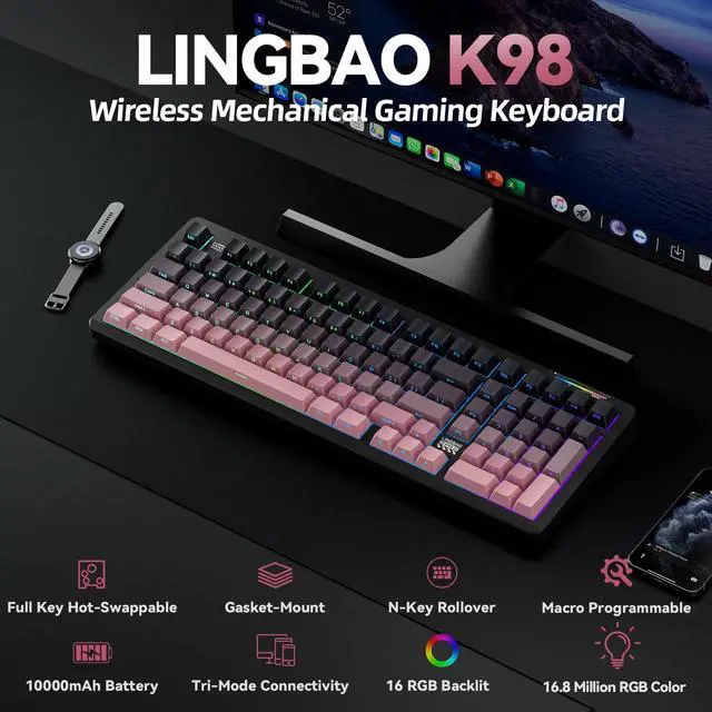 Alt view image 2 of 7 - K98 - 96% Wireless Mechanical Keyboard, Tri-Mode BT5.0/2.4GHz/USB-C, Creamy Keyboard with Number Pad, Gasket Hot Swappable Linear Switches RGB Backlit Gaming Keyboards for Win/Mac/PC, (Pink)