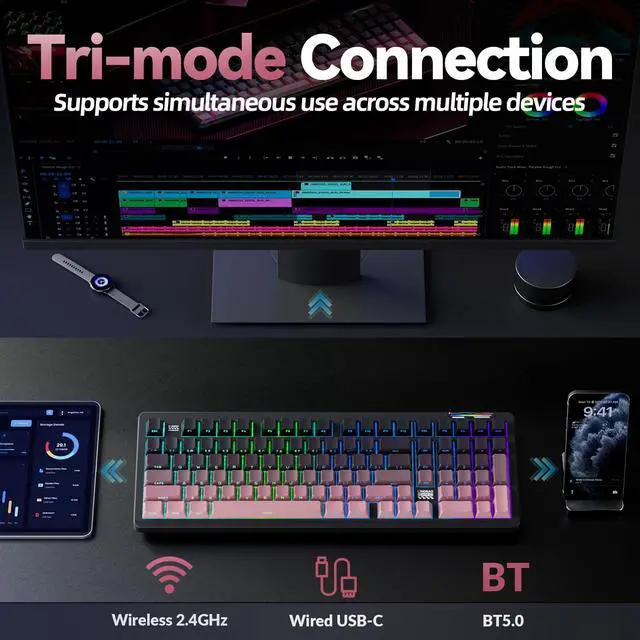 Alt view image 3 of 7 - K98 - 96% Wireless Mechanical Keyboard, Tri-Mode BT5.0/2.4GHz/USB-C, Creamy Keyboard with Number Pad, Gasket Hot Swappable Linear Switches RGB Backlit Gaming Keyboards for Win/Mac/PC, (Pink)