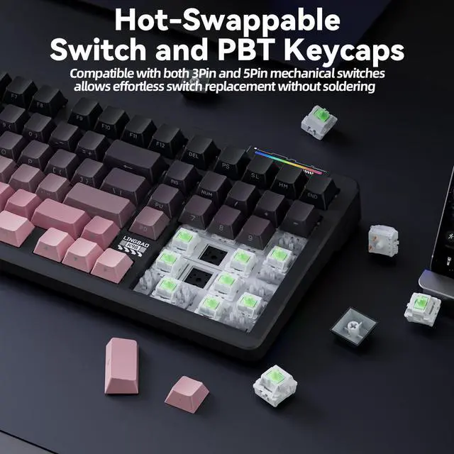 Alt view image 5 of 7 - K98 - 96% Wireless Mechanical Keyboard, Tri-Mode BT5.0/2.4GHz/USB-C, Creamy Keyboard with Number Pad, Gasket Hot Swappable Linear Switches RGB Backlit Gaming Keyboards for Win/Mac/PC, (Pink)
