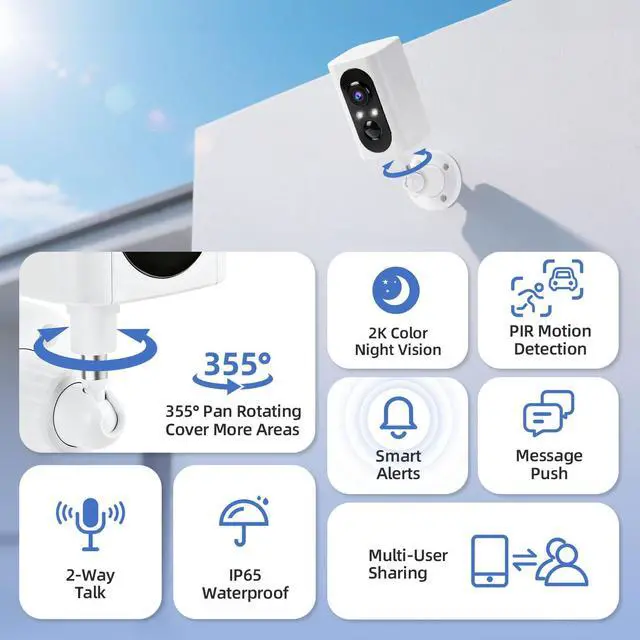 Alt view image 2 of 7 - Security Cameras Wireless Outdoor 355° Pan Rotating 2K Color Night Vision Cameras for Home Security WiFi Battery Outdoor Camera Motion Detection 2-Way Talk IP65 Spotlight Siren SD/Cloud Storage 2 Pack