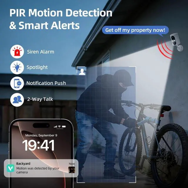 Alt view image 5 of 7 - Security Cameras Wireless Outdoor 355° Pan Rotating 2K Color Night Vision Cameras for Home Security WiFi Battery Outdoor Camera Motion Detection 2-Way Talk IP65 Spotlight Siren SD/Cloud Storage 2 Pack