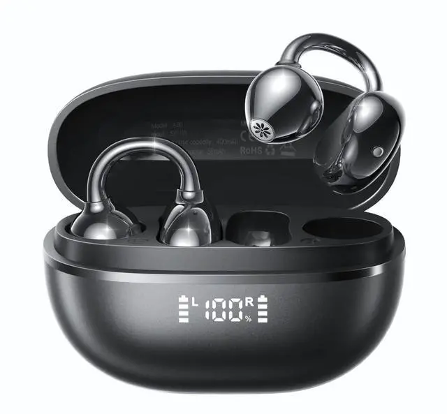 Main image of ClipFree A20 Open-Ear Earbuds, Secure & Comfort Fit, Premium Sound Clip-On Earbuds with Digital Display, 45H Playtime Bluetooth 6.0 Wireless Headphones, IP55 Waterproof for Running, Black