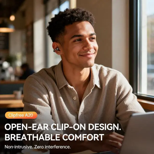 Alt view image 2 of 7 - ClipFree A20 Open-Ear Earbuds, Secure & Comfort Fit, Premium Sound Clip-On Earbuds with Digital Display, 45H Playtime Bluetooth 6.0 Wireless Headphones, IP55 Waterproof for Running, Black