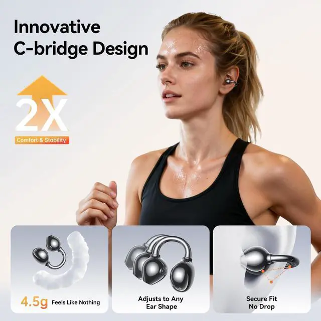 Alt view image 3 of 7 - ClipFree A20 Open-Ear Earbuds, Secure & Comfort Fit, Premium Sound Clip-On Earbuds with Digital Display, 45H Playtime Bluetooth 6.0 Wireless Headphones, IP55 Waterproof for Running, Black