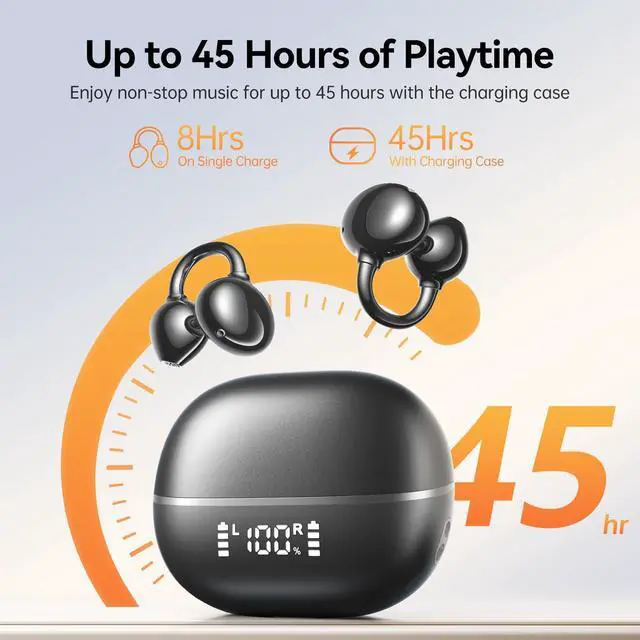 Alt view image 5 of 7 - ClipFree A20 Open-Ear Earbuds, Secure & Comfort Fit, Premium Sound Clip-On Earbuds with Digital Display, 45H Playtime Bluetooth 6.0 Wireless Headphones, IP55 Waterproof for Running, Black
