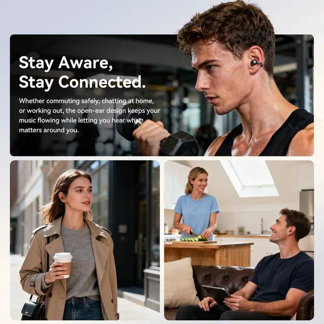 Alt view image 7 of 7 - ClipFree A20 Open-Ear Earbuds, Secure & Comfort Fit, Premium Sound Clip-On Earbuds with Digital Display, 45H Playtime Bluetooth 6.0 Wireless Headphones, IP55 Waterproof for Running, Black