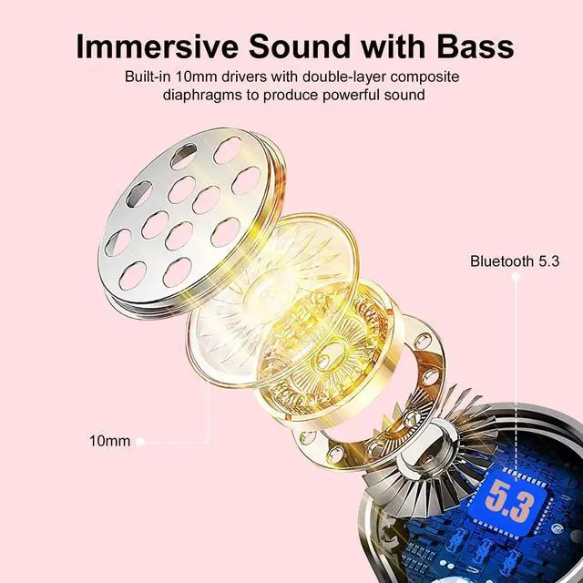 Alt view image 2 of 7 - Ear Buds Wireless Earbuds, HiFi Stereo Bluetooth 5.3 Running Headphones with Dual LED Display 30Hrs Playtime, Built-in Mic, Type-C, in-Ear Bluetooth Earphones with Earhooks for Sport, Rose Gold