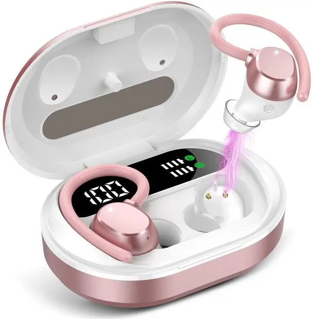 Main image of Ear Buds Wireless Earbuds, HiFi Stereo Bluetooth 5.3 Running Headphones with Dual LED Display 30Hrs Playtime, Built-in Mic, Type-C, in-Ear Bluetooth Earphones with Earhooks for Sport, Rose Gold