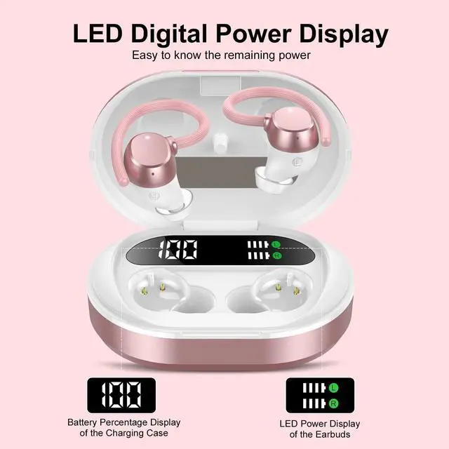 Alt view image 3 of 7 - Ear Buds Wireless Earbuds, HiFi Stereo Bluetooth 5.3 Running Headphones with Dual LED Display 30Hrs Playtime, Built-in Mic, Type-C, in-Ear Bluetooth Earphones with Earhooks for Sport, Rose Gold