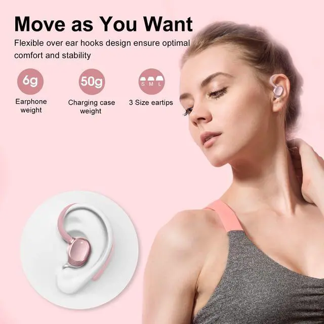 Alt view image 4 of 7 - Ear Buds Wireless Earbuds, HiFi Stereo Bluetooth 5.3 Running Headphones with Dual LED Display 30Hrs Playtime, Built-in Mic, Type-C, in-Ear Bluetooth Earphones with Earhooks for Sport, Rose Gold