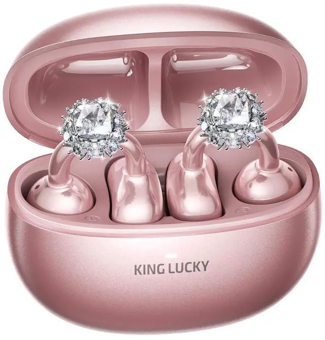 Main image of Jewelry-Inspired Clip-On Earbuds with Diamond Earrings, Comfortable Fit & 40H Playtime Open Ear Bluetooth 5.4 Wireless Headphones for Women, Small Ears, Sports & Glasses Rose Gold