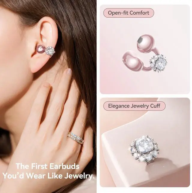 Alt view image 2 of 6 - Jewelry-Inspired Clip-On Earbuds with Diamond Earrings, Comfortable Fit & 40H Playtime Open Ear Bluetooth 5.4 Wireless Headphones for Women, Small Ears, Sports & Glasses Rose Gold