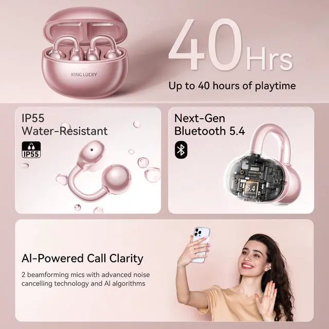 Alt view image 6 of 6 - Jewelry-Inspired Clip-On Earbuds with Diamond Earrings, Comfortable Fit & 40H Playtime Open Ear Bluetooth 5.4 Wireless Headphones for Women, Small Ears, Sports & Glasses Rose Gold