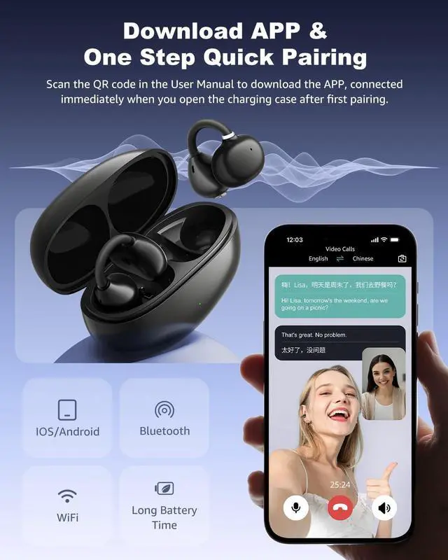 Alt view image 3 of 7 - Translation Earbuds Real Time 163 Languages Ai Translator Ear Buds Audifonos Traductores Inglés Español, 3-in-1 Translating Device Wireless Earphones for Travel Meeting Business Learning