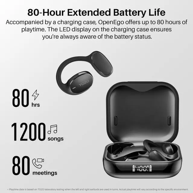 Alt view image 3 of 7 - OpenEgo Open Ear Earbuds Bluetooth Headphones, AI Translation Wireless Earbuds with Real-Time 100+ LanguagesTranslation, 80Hrs Playtime, Digital Display, AI Clear Calls, Comfortable Wear, Black
