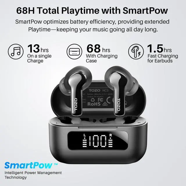 Alt view image 4 of 7 - Hybrid Active Noise Cancelling Wireless Earbuds with 6 Mics AI Clear Call Ear Buds 68H Playtime with LED Display 32 Preset EQs via APP Bluetooth 5.3 IPX8 Waterproof in Ear Headphones
