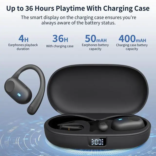 Alt view image 2 of 7 - Open Ear Headphones, Bluetooth Headphones 5.3 Sports with Smart Digital Display, 36H Playtime, IP54 Waterproof, Wireless Earbuds Lightweight Design Fit Cycling, Running, Workout (Black)