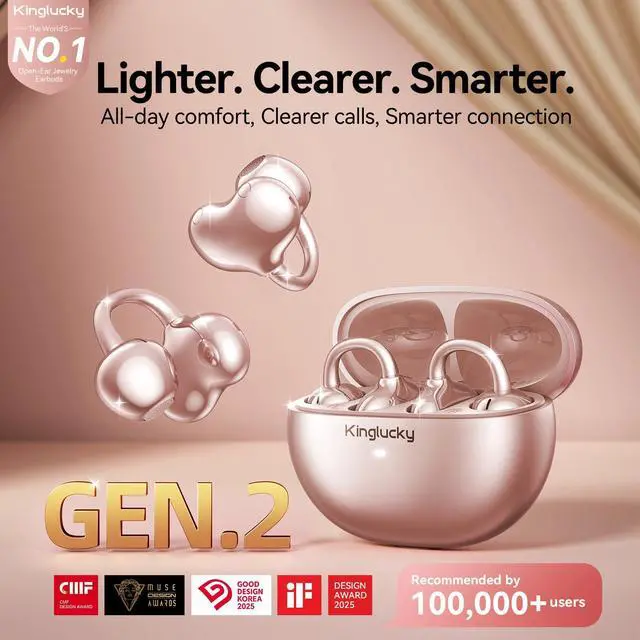 Alt view image 2 of 7 - Upgraded Clip-On Earbuds Comfortable fit & Crystal-Clear Sound, 50H Playtime Open Ear Buds Bluetooth 6.0 Wireless Headphones for Women & Kids Ideal for Small Ears,Sports,Glasses Rose Gold