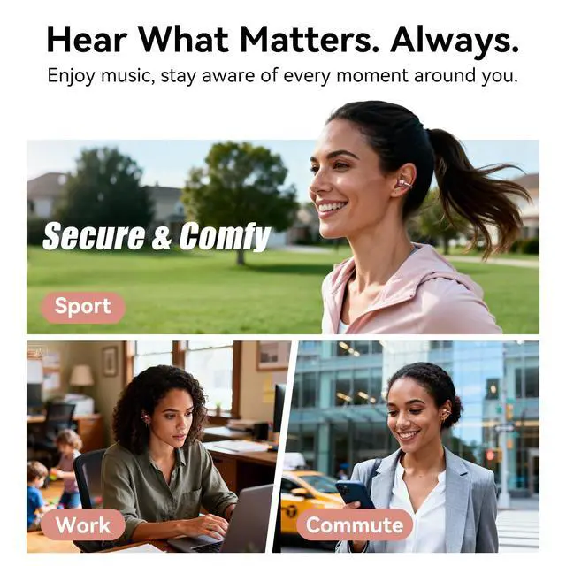 Alt view image 4 of 7 - Upgraded Clip-On Earbuds Comfortable fit & Crystal-Clear Sound, 50H Playtime Open Ear Buds Bluetooth 6.0 Wireless Headphones for Women & Kids Ideal for Small Ears,Sports,Glasses Rose Gold