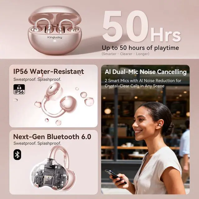Alt view image 6 of 7 - Upgraded Clip-On Earbuds Comfortable fit & Crystal-Clear Sound, 50H Playtime Open Ear Buds Bluetooth 6.0 Wireless Headphones for Women & Kids Ideal for Small Ears,Sports,Glasses Rose Gold