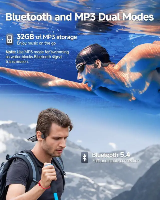 Alt view image 3 of 7 - Bone Conduction Headphones IPX8 Waterproof Swimming Headphones Open Ear Headphones with MP3 Mode 32GB Memory Up to 8 Hours Playtime Bluetooth 5.4 Ear Buds Secure Fit for Running and Fitness