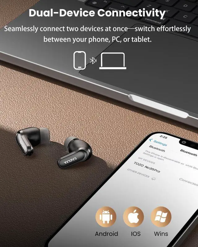 Alt view image 6 of 7 - NC20 Pro Active Noise Cancelling Wireless Earbuds with Smart Touch Screen, LDAC Hi-Res Audio, Stereo Bass, 6 Mics AI Call Ear Buds, 80H Playtime, IPX8 Waterproof, 32 EQ via App, Wireless Charging