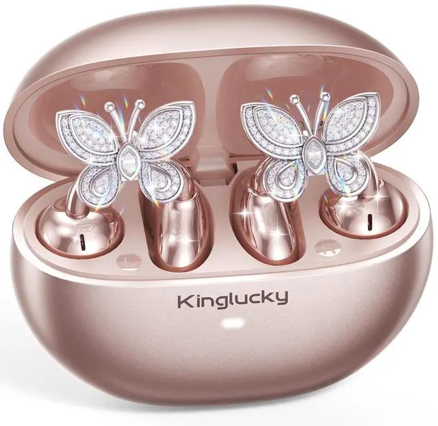 Main image of ClipFree Open-Ear Headphones with Butterfly Earrings, Ultra-Comfort & Snug Fit Clip On Earbuds, 50H Playtime Bluetooth 6.0 Wireless Headphones for Women Sports,Glasses Gifts (Rose Gold)