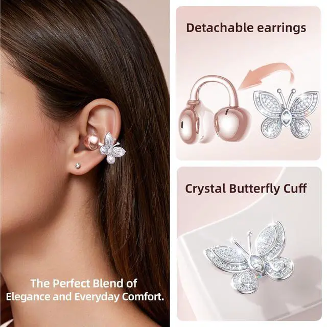 Alt view image 2 of 7 - ClipFree Open-Ear Headphones with Butterfly Earrings, Ultra-Comfort & Snug Fit Clip On Earbuds, 50H Playtime Bluetooth 6.0 Wireless Headphones for Women Sports,Glasses Gifts (Rose Gold)