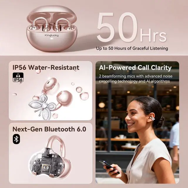 Alt view image 6 of 7 - ClipFree Open-Ear Headphones with Butterfly Earrings, Ultra-Comfort & Snug Fit Clip On Earbuds, 50H Playtime Bluetooth 6.0 Wireless Headphones for Women Sports,Glasses Gifts (Rose Gold)