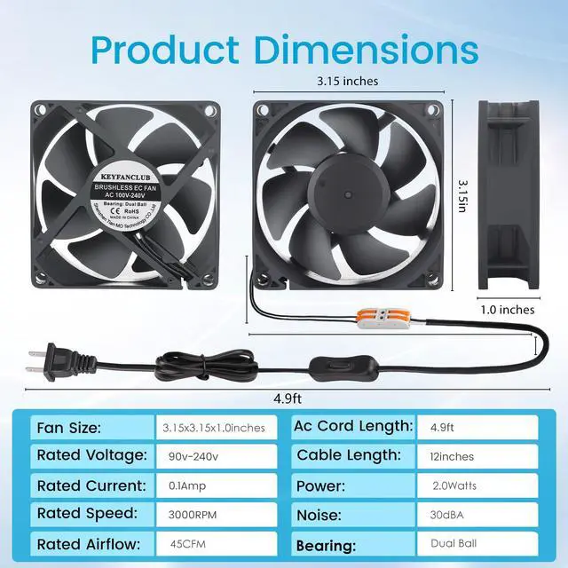Alt view image 2 of 6 - Muffin Fan 110v 120v 220v 3 inch Fan with AC Plug Electronic Cooling Fan 80mm x 25mm