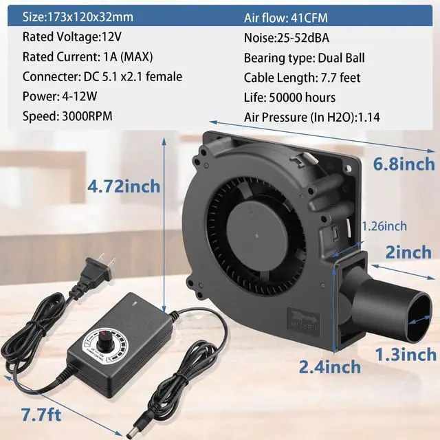 Alt view image 7 of 7 - 120mm x 32mm Dual Ball Blower Fan 12V with 110v - 240v AC Plug Variable Speed Controller - High Velocity Squirrel Cage Fans for DIY Cooling Projects, BBQ, Drum Smoker