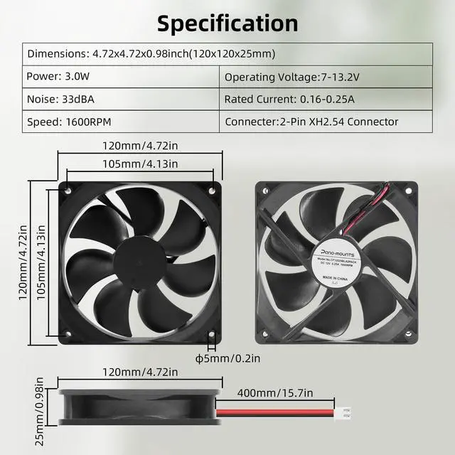 Alt view image 2 of 6 - 12V DC Fan Strong Quiet 120x120x25mm 12cm Small Cooling Fan 2Pin 2Wire 1600RPM High-Performance PC Fans 120mm 2-Pack