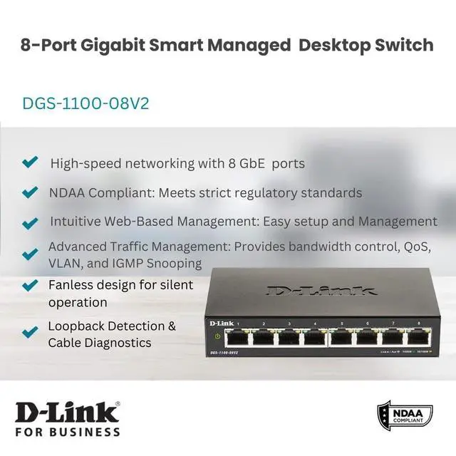 Alt view image 2 of 6 - Ethernet Switch, 8 Port Smart Managed Gigabit Desktop EEE Network Internet (DGS-1100-08V2)