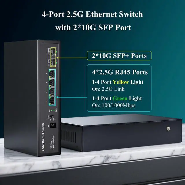 Alt view image 2 of 7 - 6 Port 2.5GB Ethernet Switch Unmanaged Network Switch | 4 x 2.5 Gigabit | 2 x 10G SFP+ | Multigig Switch 10-100-1000Mbps | 60G Bandwidth | Plug & Play | Fanless Metal Ethernet Switch