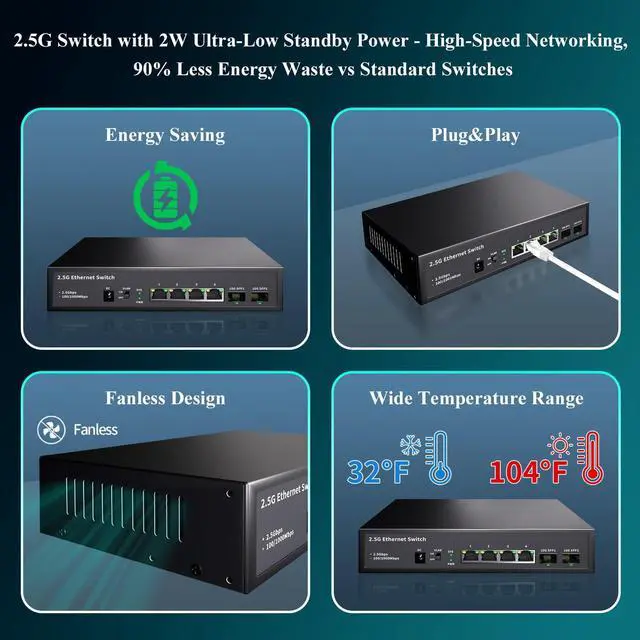 Alt view image 6 of 7 - 6 Port 2.5GB Ethernet Switch Unmanaged Network Switch | 4 x 2.5 Gigabit | 2 x 10G SFP+ | Multigig Switch 10-100-1000Mbps | 60G Bandwidth | Plug & Play | Fanless Metal Ethernet Switch